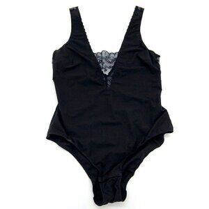 & Other Stories Black Lace Overlay Bodysuit Size 6 Peek A Boo V Neck Teddy